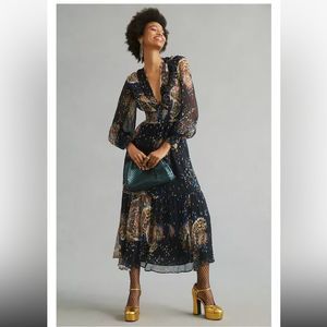 Anthropologie Black and Gold Floral Long Sleeve Dress